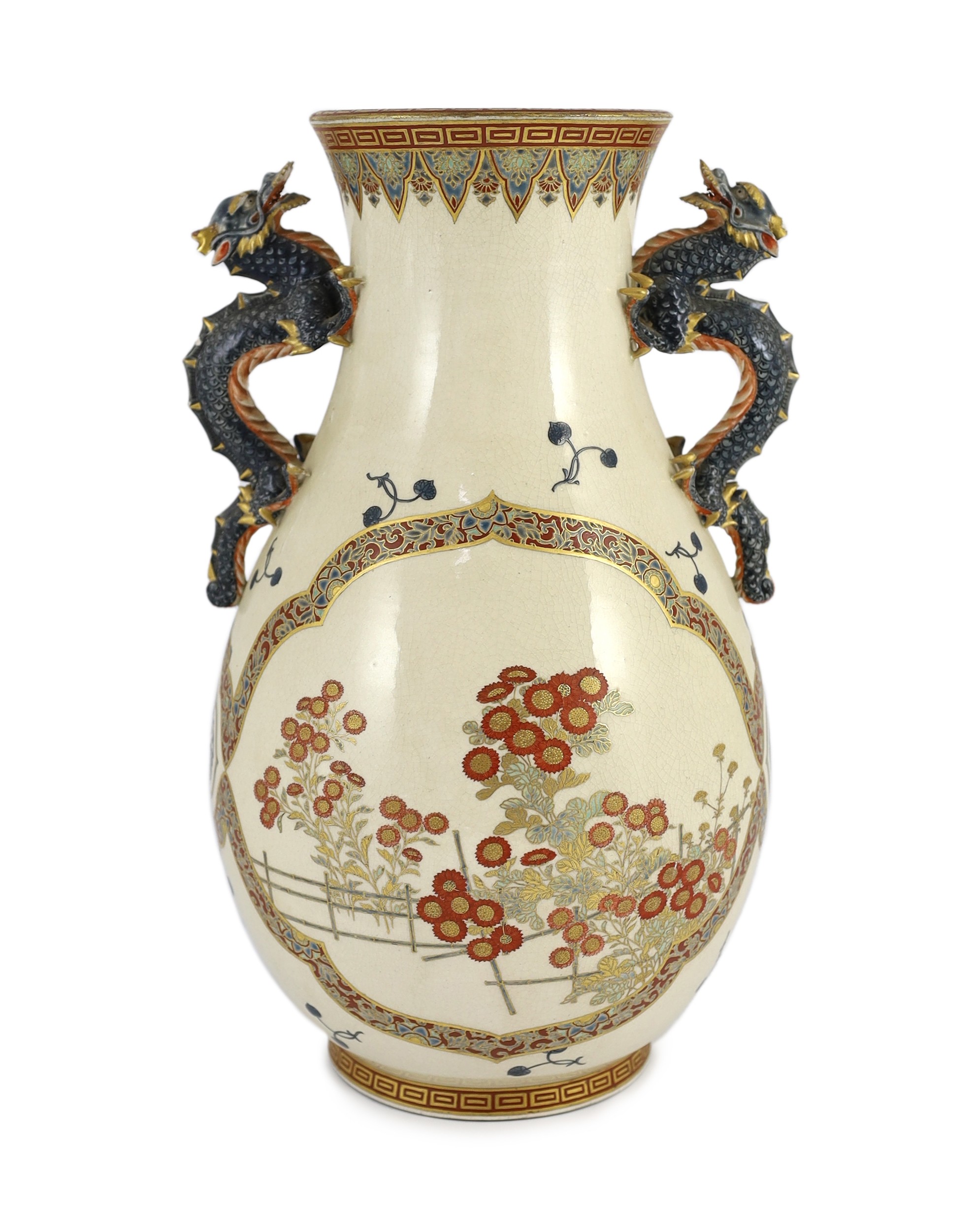 A large Japanese Satsuma pottery vase, late 19th century, 33.5cm, some damage to handles